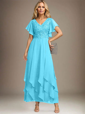 A-line V-Neck Ankle-Length Lace Chiffon Mother of the Bride Dress With Cascading Ruffles