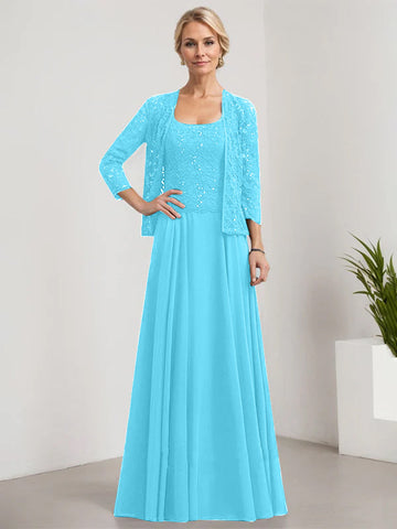 A-line Square Floor-Length Lace Chiffon Mother of the Bride Dress With Sequins