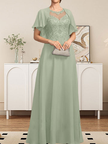 A-line Scoop Illusion Floor-Length Lace Chiffon Mother of the Bride Dress With Sequins