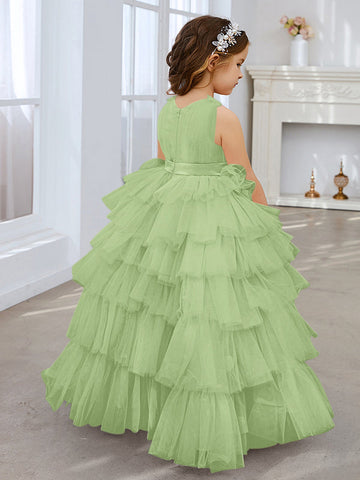 Ball-Gown/Princess Pearl Pink Sleeveless Tulle Bow Flower Girl Dress