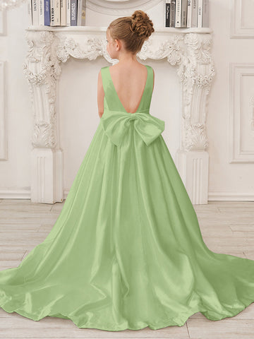 A-Line Princess Sleeveless Satin Flower Girl Dress with Sweep Train and Bow