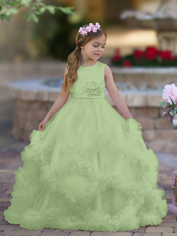 A-line Satin Tulle Floor-length Cascading Ruffles Flower Girl Dress