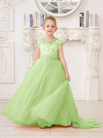 A-line Lace Tulle Sweep Train Pink Flower Girl Dress