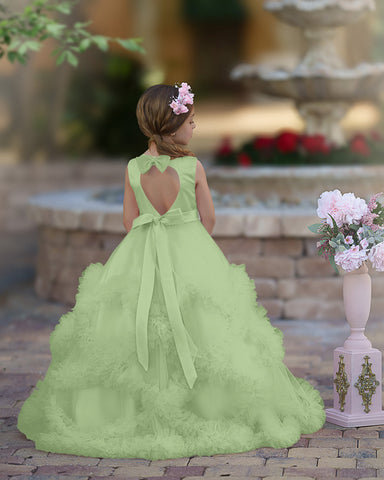 A-line Satin Tulle Floor-length Cascading Ruffles Flower Girl Dress