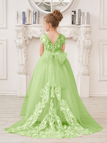 A-line Lace Tulle Sweep Train Pink Flower Girl Dress