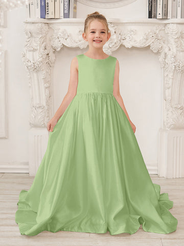A-Line Princess Sleeveless Satin Flower Girl Dress with Sweep Train and Bow