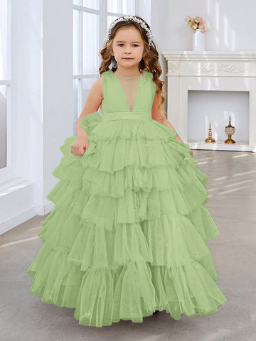 Ball-Gown/Princess Pearl Pink Sleeveless Tulle Bow Flower Girl Dress