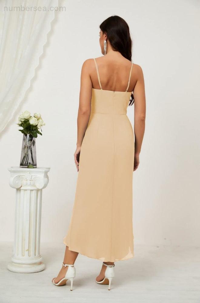 Spaghetti Chiffon V Neck Bridesmaid Dress Mid-Length Slit Formal Prom Dress Homecoming Dress 2803