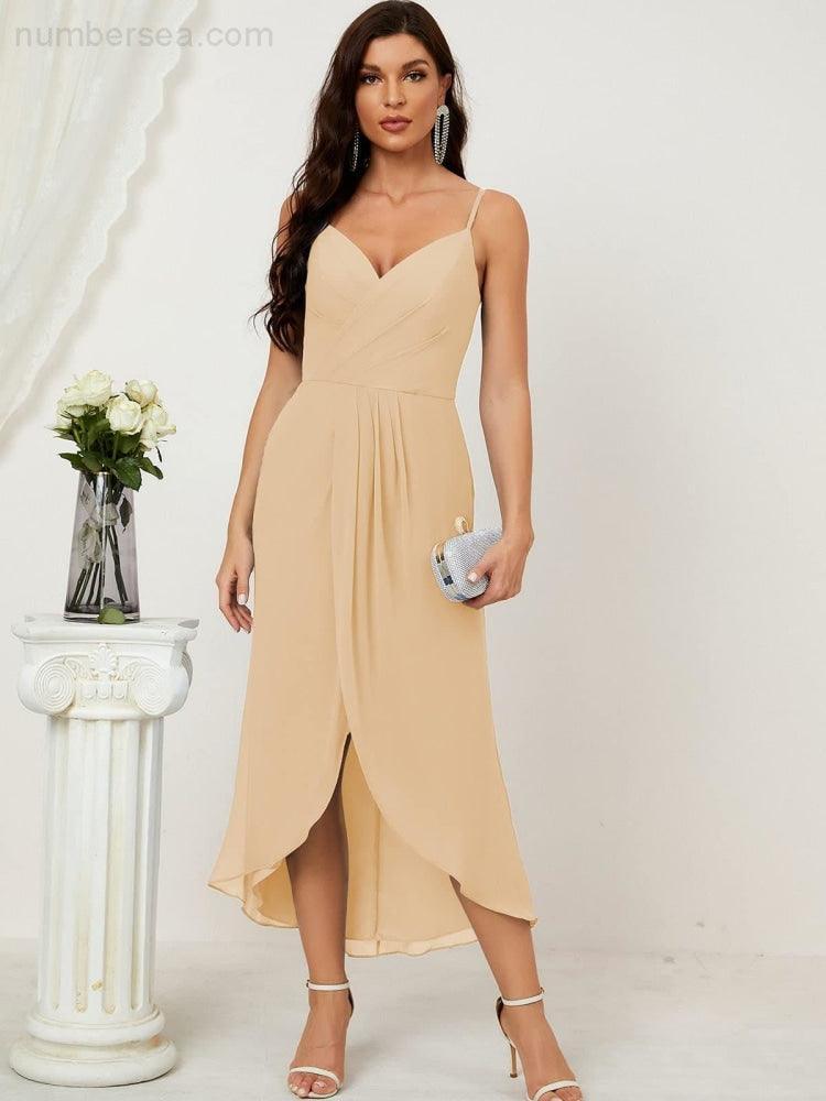 Spaghetti Chiffon V Neck Bridesmaid Dress Mid-Length Slit Formal Prom Dress Homecoming Dress 2803