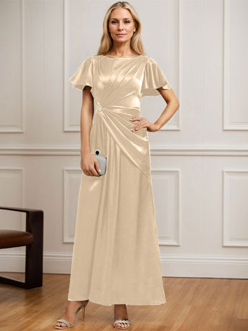 A-line Scoop Ankle-Length Stretch Satin Mother of the Bride Dress With Pleated Beading