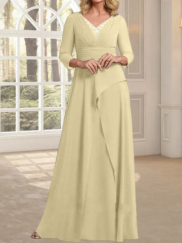 A-line V-Neck Floor-Length Chiffon Mother of the Bride Dress With Pleated Beading