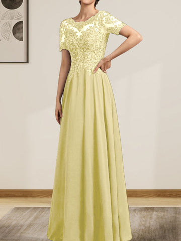 A-line Scoop Illusion Floor-Length Chiffon Lace Mother of the Bride Dress With Sequins Beading