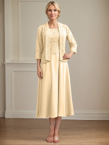 A-line Scoop Tea-Length Lace Chiffon Mother of the Bride Dress