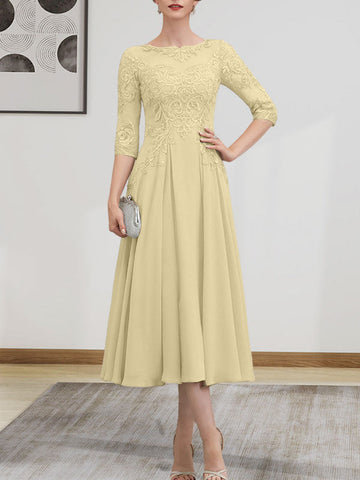 A-line Scoop Illusion Tea-Length Chiffon Lace Mother of the Bride Dress With Beading Sequins