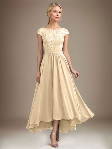 A-line Scoop Illusion Asymmetrical Lace Chiffon Mother of the Bride Dress With Pleated