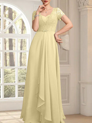 A-line Sweetheart Floor-Length Chiffon Lace Mother of the Bride Dress With Beading Cascading Ruffles
