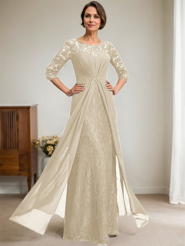 A-Line Scoop Illusion Floor-Length Lace Chiffon Mother Of the Bride Dress With Beading Ruffles