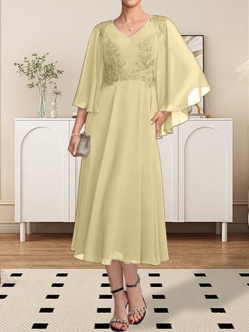 A-line V-Neck Tea-Length Chiffon Lace Mother of the Bride Dress With Beading Sequins