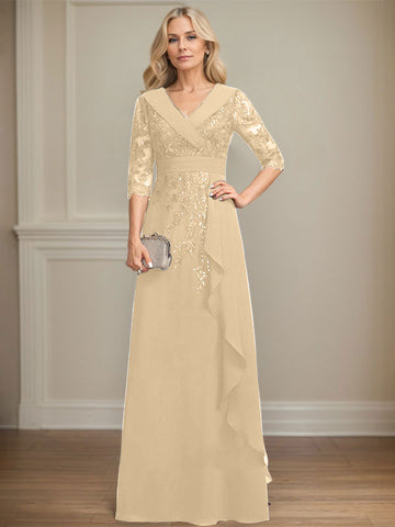 A-line Collared V-Neck Floor-Length Lace Chiffon Mother of the Bride Dress With Sequins Cascading Ruffles