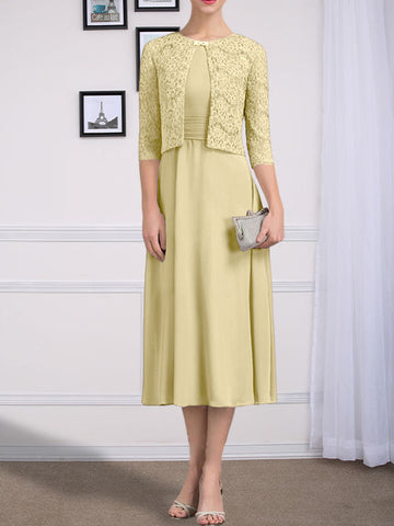 A-line Scoop Tea-Length Chiffon Mother of the Bride Dress With Pleated