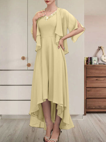 A-line V-Neck Asymmetrical Chiffon Mother of the Bride Dress With Beading Sequins