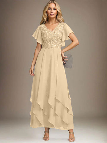 A-line V-Neck Ankle-Length Lace Chiffon Mother of the Bride Dress With Cascading Ruffles