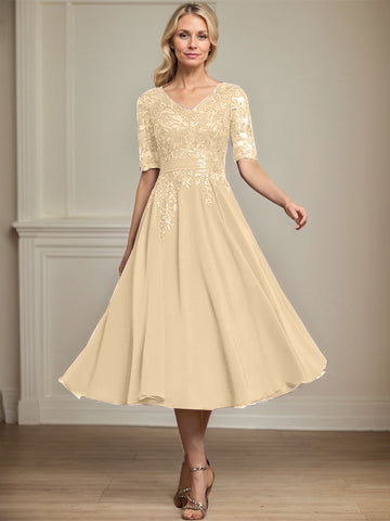 A-line V-Neck Tea-Length Lace Chiffon Mother of the Bride Dress With Sequins