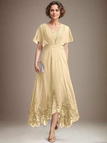 A-line V-Neck Asymmetrical Lace Chiffon Mother of the Bride Dress With Pleated