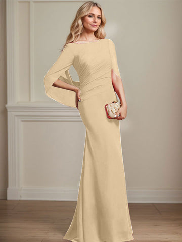 Trumpet/Mermaid Boat Neck Floor-Length Chiffon Mother of the Bride Dress With Pleated