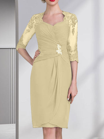 Sheath/Column Sweetheart Knee-Length Chiffon Mother of the Bride Dress With Beading Appliques Lace Sequins Pleated