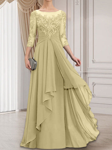 A-line Scoop Illusion Floor-Length Lace Chiffon Mother of the Bride Dress With Cascading Ruffles