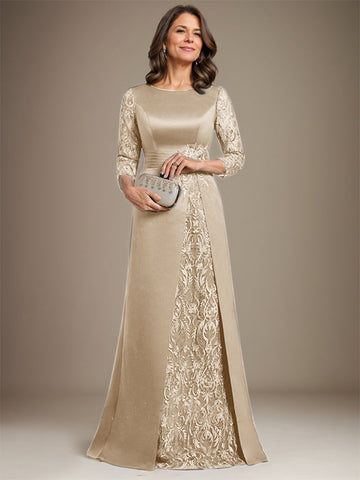 A-Line Scoop Floor-Length Lace Satin Mother Of the Bride Dress With Applique