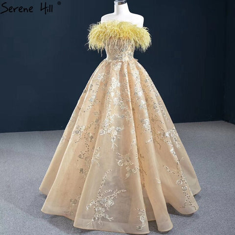 Champagne A-Line Strapless Sexy Evening Dresses 2025 Off Shoulder Feathers Sparkle Formal Dress HM67164