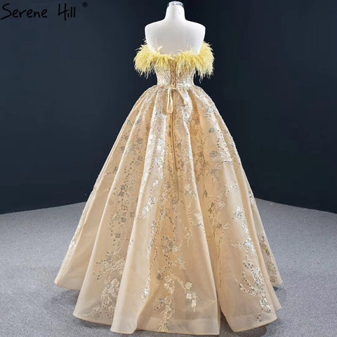 Champagne A-Line Strapless Sexy Evening Dresses 2025 Off Shoulder Feathers Sparkle Formal Dress HM67164