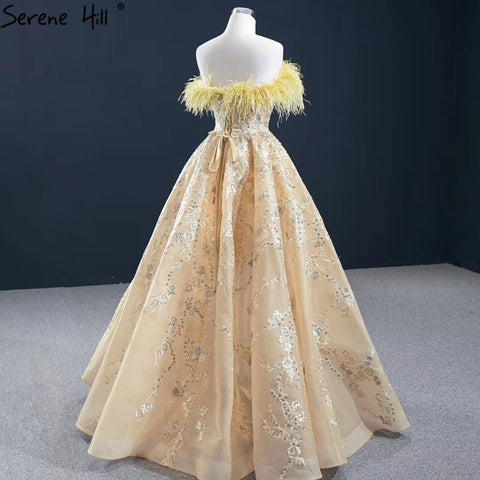 Champagne A-Line Strapless Sexy Evening Dresses 2025 Off Shoulder Feathers Sparkle Formal Dress HM67164