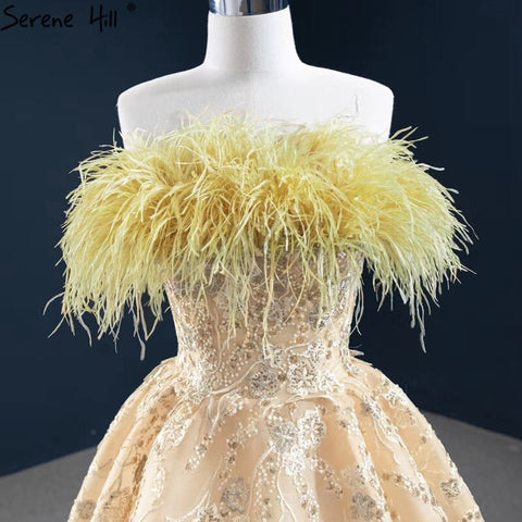 Champagne A-Line Strapless Sexy Evening Dresses 2025 Off Shoulder Feathers Sparkle Formal Dress HM67164