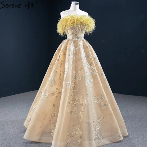 Champagne A-Line Strapless Sexy Evening Dresses 2025 Off Shoulder Feathers Sparkle Formal Dress HM67164