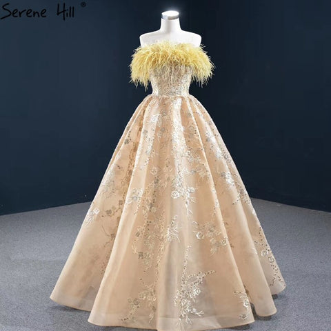 Champagne A-Line Strapless Sexy Evening Dresses 2025 Off Shoulder Feathers Sparkle Formal Dress HM67164