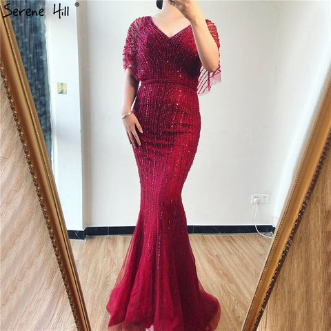 Sale Champagne Dubai Luxury Half Sleeves Evening Dresses 2025 Mermaid Beading Crystal Evening Gowns Design Real Photo LA70163