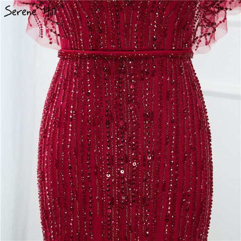 Sale Champagne Dubai Luxury Half Sleeves Evening Dresses 2025 Mermaid Beading Crystal Evening Gowns Design Real Photo LA70163