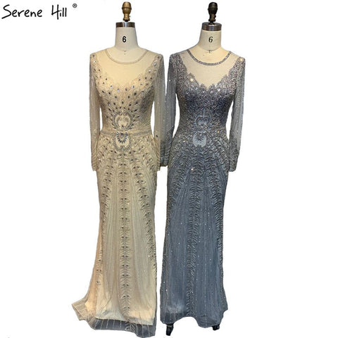 Champagne Dubai Luxury Mermaid Evening Dresses Long Sleeves Diamond Beading Formal Dress 2025 LA70443