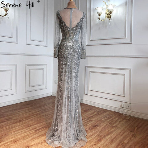 Champagne Dubai Luxury Mermaid Evening Dresses Long Sleeves Diamond Beading Formal Dress 2025 LA70443