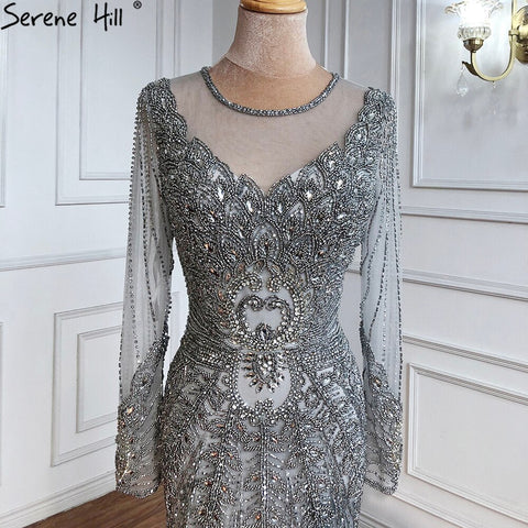 Champagne Dubai Luxury Mermaid Evening Dresses Long Sleeves Diamond Beading Formal Dress 2025 LA70443