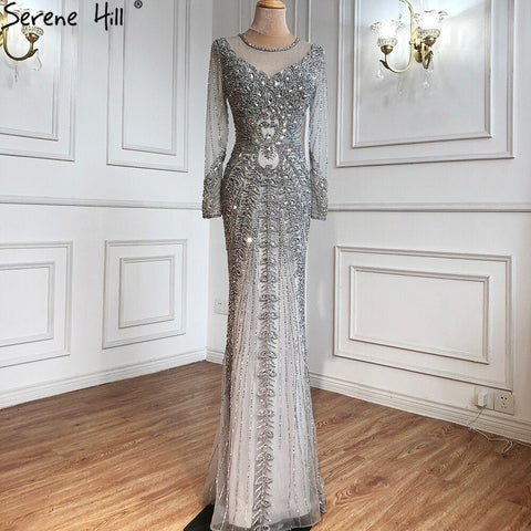 Champagne Dubai Luxury Mermaid Evening Dresses Long Sleeves Diamond Beading Formal Dress 2025 LA70443