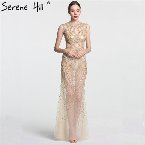 On Sale no return no refund Sale Champagne Transparent Sexy Mermaid Evening Dress Sleeveless Sequined Tulle Evening Gowns 2025 LA6156