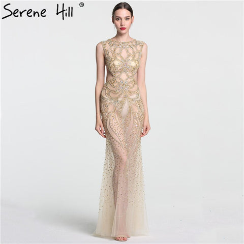 On Sale no return no refund Sale Champagne Transparent Sexy Mermaid Evening Dress Sleeveless Sequined Tulle Evening Gowns 2025 LA6156
