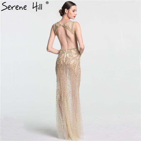 On Sale no return no refund Sale Champagne Transparent Sexy Mermaid Evening Dress Sleeveless Sequined Tulle Evening Gowns 2025 LA6156
