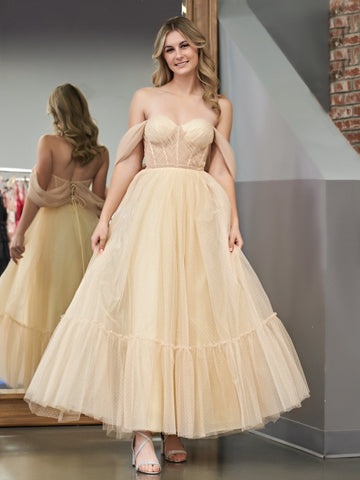 A-Line Champagne Tulle Sweetheart Tea-Length Prom Dress