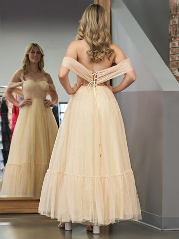A-Line Champagne Tulle Sweetheart Tea-Length Prom Dress