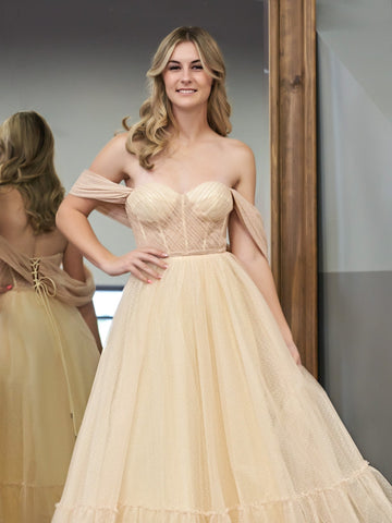 A-Line Champagne Tulle Sweetheart Tea-Length Prom Dress